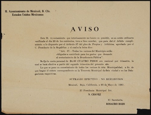 Aviso. Este H. Ayuntamiento que interinamente me honro en presidir, en su sesión ordinaria verificada el dia 20 de los corrientes... que para dar el debido cumplimiento a los dispuesto por el Artículo 57 del plan de Propios y Arbitrios