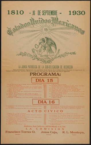 1810 - 16 de septiembre - 1930 : Estados Unidos Mexicanos. La Junta Patriótica de la Sub-Delegación de Hechicera para conmemorar dignamente los sacrificios de los Héroes de la Independencia Nacional