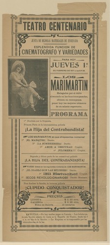 Teatro Centenario. Junta de mejoras materiales de Ensenada. Esplendida función de cinematógrafo y variedades para hoy jueves 1o. de febrero de 1917 a las 8 P.M