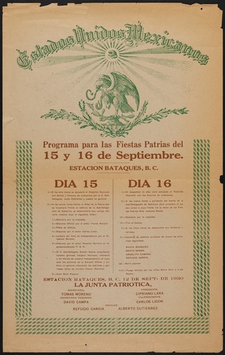 Estados Unidos Mexicanos. Programa para las fiestas patrias del 15 y 16 de Septiembre. Estación Bataques, B.C