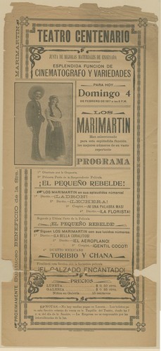 Teatro Centenario. Junta de mejoras materiales de Ensenada. Esplendida función de cinematógrafo y variedades para hoy domingo 4 de febrero de 1917 a las 8 P.M