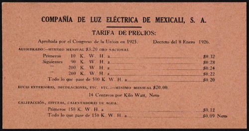 Compañía de Luz Eléctrica de Mexicali, S. A. Tarifa de precios