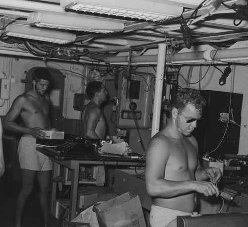 Edwin L. Hamilton, Edward Sheldon Barr and Willis T. Carey in the lab aboard R/V Horizon