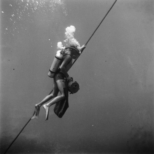 Diver Philip E. Jackson carries an underwater camera and grips line leading to research ship