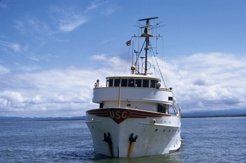 Bow of Velero IV with USC sign, American Society of Ichthyologists and Herpetologists (ASIH) preparatory collecting excursion, Costa Rica