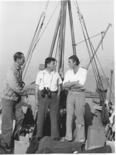 Oceanographer Carl L. Hubbs and actor Errol Flynn aboard the yacht Zaca, trip to Scammon's Lagoon, Baja California