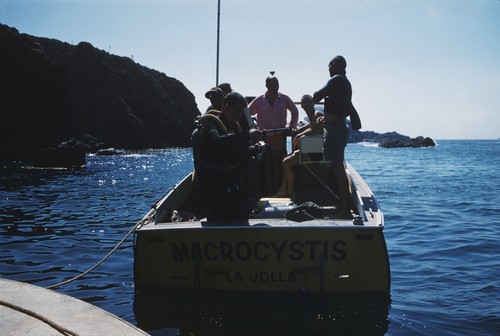 Macrocystis' boat with scuba divers in Papalote Bay, Punta Banda, Baja California, Mexico