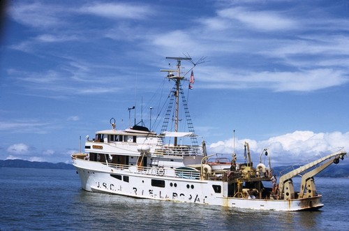 Port side of Velero IV with faded USC Marine Laboratory sign, American Society of Ichthyologists and Herpetologists (ASIH) preparatory collecting excursion, Puntarenas Harbor, Costa Rica