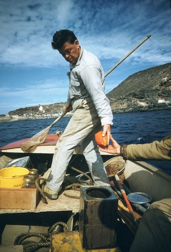 Carl L. Hubbs with garibaldi, Guadalupe Island, Mexico