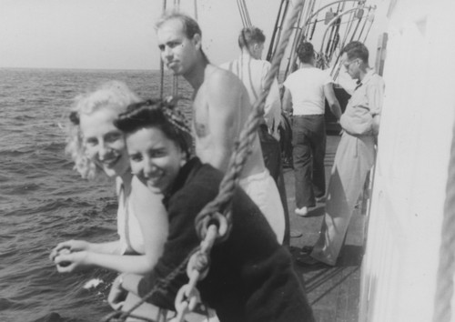 Researchers aboard the E. W. Scripps, Elizabeth Kampa and Eugenie Clark in foreground