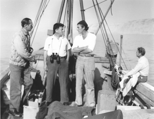 Oceanographer Carl L. Hubbs and actor Errol Flynn aboard the yacht Zaca, trip to Scammon's Lagoon, Baja California