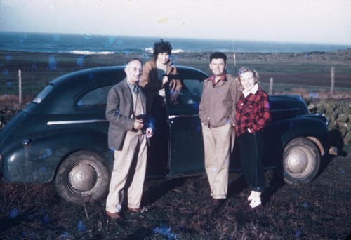 Frederick H. Stoye, Carl L. Hubbs, Laura C. Hubbs, and Elizabeth M. Kampa with car near mouth of San Miguel Creek, Baja California, Mexico