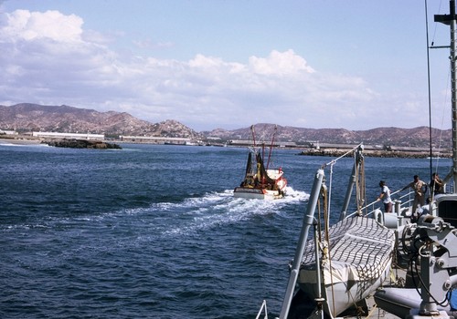 R/V Alexander Agassiz approaching harbor with shrimp trawler, Salina Cruz, Mexico