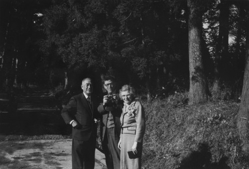 Dr. Yaichiro Okada (host) with Carl L. Hubbs and Laura C. Hubbs on cryptomeria-lined road to Nikko, Japan