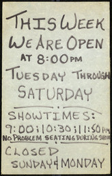 Finocchio's hours of operation sign