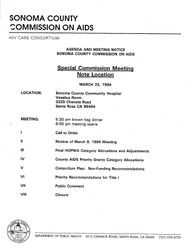 Agenda and meeting notice--Sonoma County Commission on AIDS--Special Commission Meeting--March 23, 1994