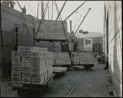 Loading raisin boxes on board a ship, The Embarcadero, San Francisco, California, 1920s