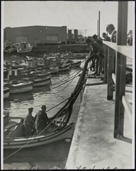 Loading fishing nets into the fishing boat, 41 The Embarcadero, San Francisco, California, 1920s