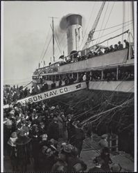 Bon voyage celebration on Matson ship, Pier 35, The Embarcadero, San Francisco, California, 1920s