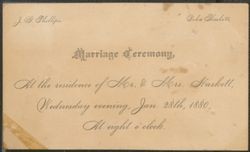 Wedding announcment for J. G. Phillips and Delia Haskett, January 28, 1880