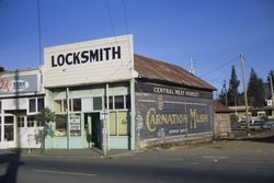 Central Meat Market and Carnation Mush sign on old store siding in Sebastopol, Mar. 1972