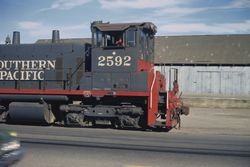 Southern Pacific locomotive on South Main Street at Petaluma Ave., Sebastopol, Oct. 1975