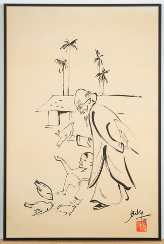 Ink on Paper, Man with Child and Birds