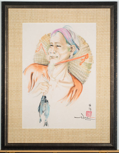 Watercolor Painting, Montagnard Man and Two Fish