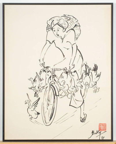 Ink on Paper, Woman Riding Bike