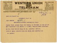 Telegram from William Randolph Hearst to Julia Morgan, September 16, 1925