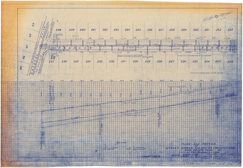 Plan and Profile of Street, Sewer, and Water Connections of Five Points Park (1 of 13)