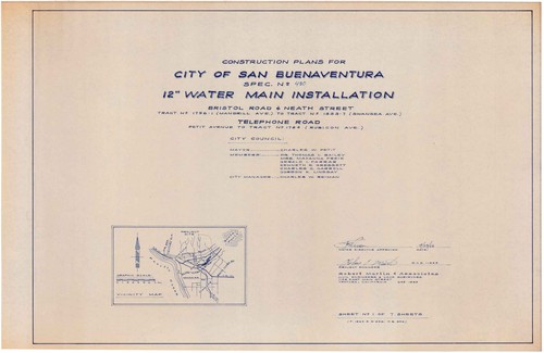 Cover Sheet and Vicinity Map For 12" Water Main on Bristol Road, Neath Street and Telephone Road, City of San Buenaventura (1 of 7)