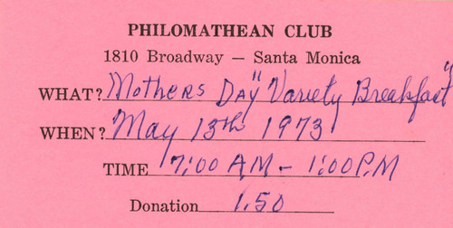 Ticket for a Philamathean Mother's Day fundraising event, May 13, 1973