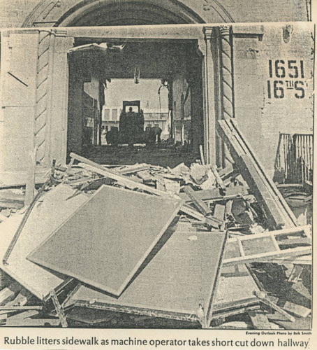 Photograph from the Evening Outlook showing the demolition of Garfield School