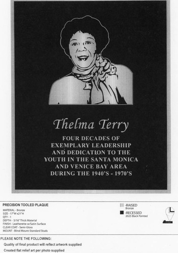 Final impression of the Thelma Terry plaque to be installed at Virginia Avenue Park