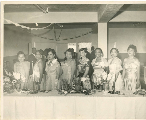 Women members of First African Methodist Episcopal Church at a social event at Masonic Hall, 1720 Broadway, Santa Monica