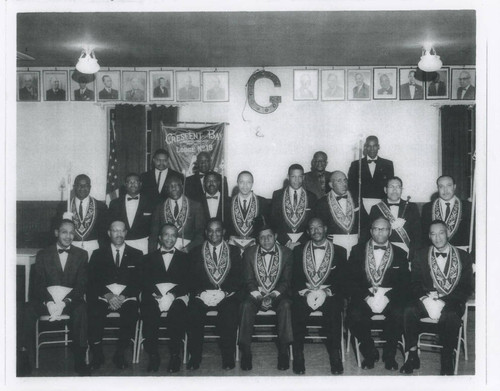 Crescent Bay Masons in ceremonial attire at the Masonic Lodge, 1720 Broadway, Santa Monica