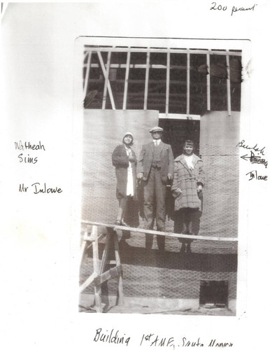 Three people at the construction site of First AME Church Santa Monica in the mid 1920s