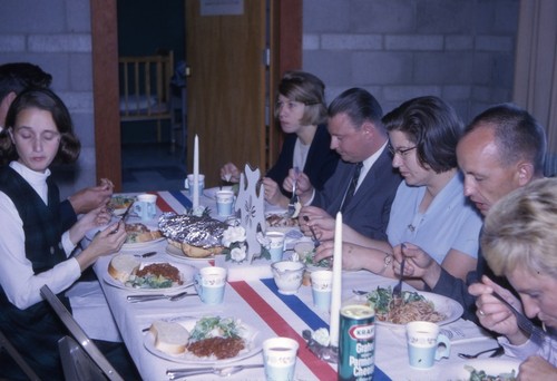 Graduate students and spouses from Germany, Sweden, Chile and Norway dining at University Lutheran Church across the street from Revelle College