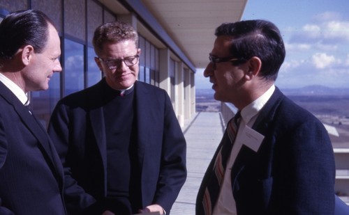 Richard Popkin with Baptist Minister and Roman Catholic Priest Rev. John Storm (All Hallows Church), discussing the University Religious Foundation