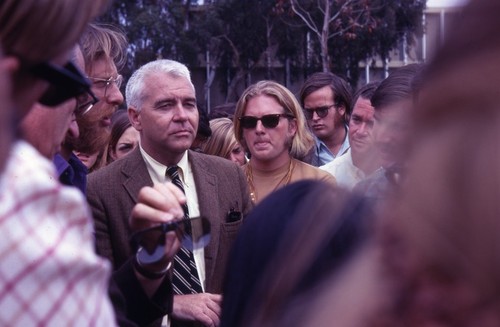 Chancellor William McGill confronts students on Revelle Plaza, UC San Diego