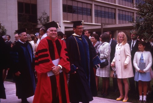Chancellor William McGill and other faculty in academic procession on Revelle Plaza, UC San Diego