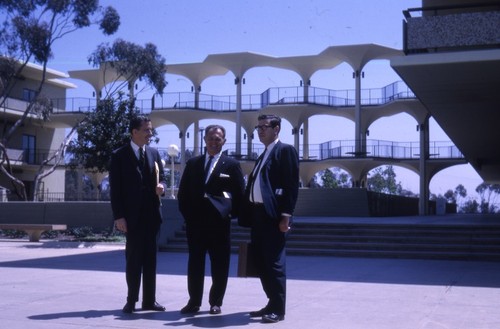 Rev. Fred Coots of La Jolla Methodist Church; also a Jewish layman and Dr. Richard Popkin with geometric breezeway in background