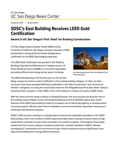 SDSC’s East Building Receives LEED Gold Certification