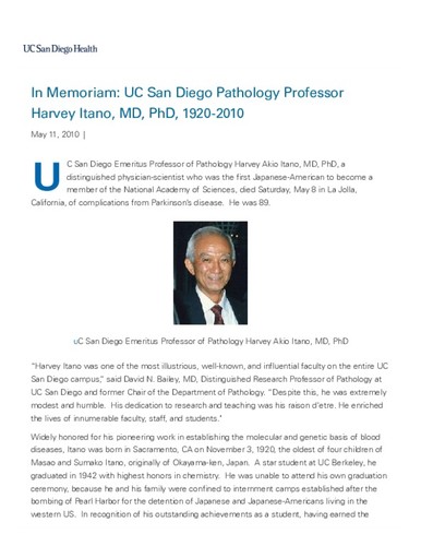 In Memoriam: UC San Diego Pathology Professor Harvey Itano, MD, PhD, 1920-2010