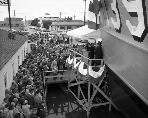 Launching ceremony for Auxiliary Motor Minesweeper (AMS) 139, Newport Beach South Coast Company, November 22, 1952