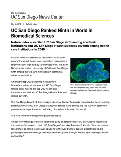 UC San Diego Ranked Ninth in World in Biomedical Sciences