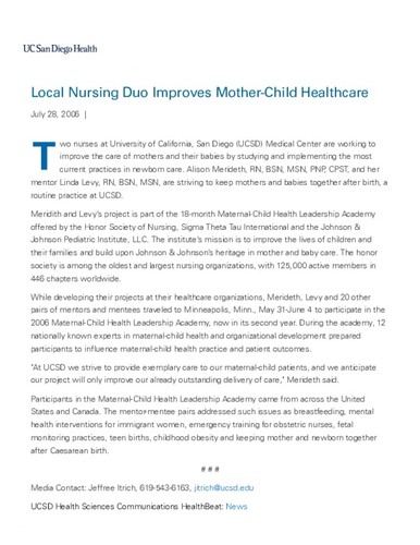 UC San Diego Nursing Duo Improves Mother-Child Healthcare