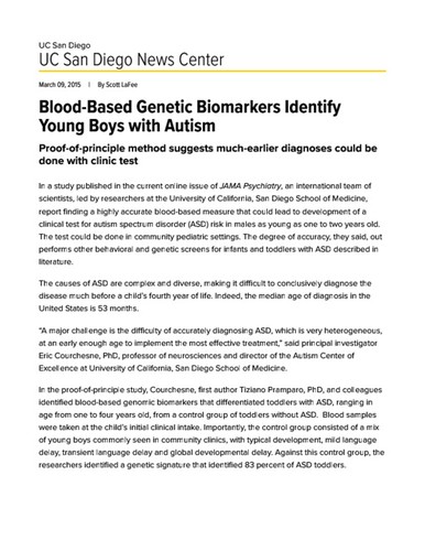 Blood-Based Genetic Biomarkers Identify Young Boys with Autism