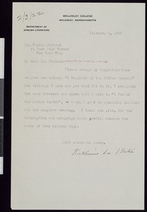 Katherine Lee Bates, letter, 1922-02-03, to Hamlin Garland